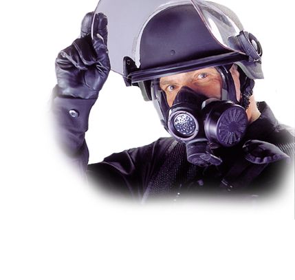 man wearing MSA gas mask